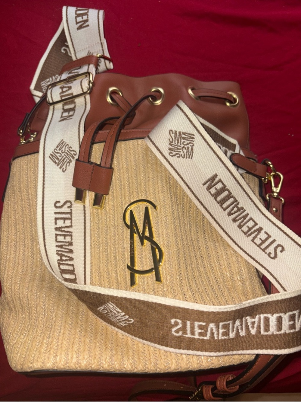 Steve Madden Tan Straw Bucket Bag with White Branded Strap